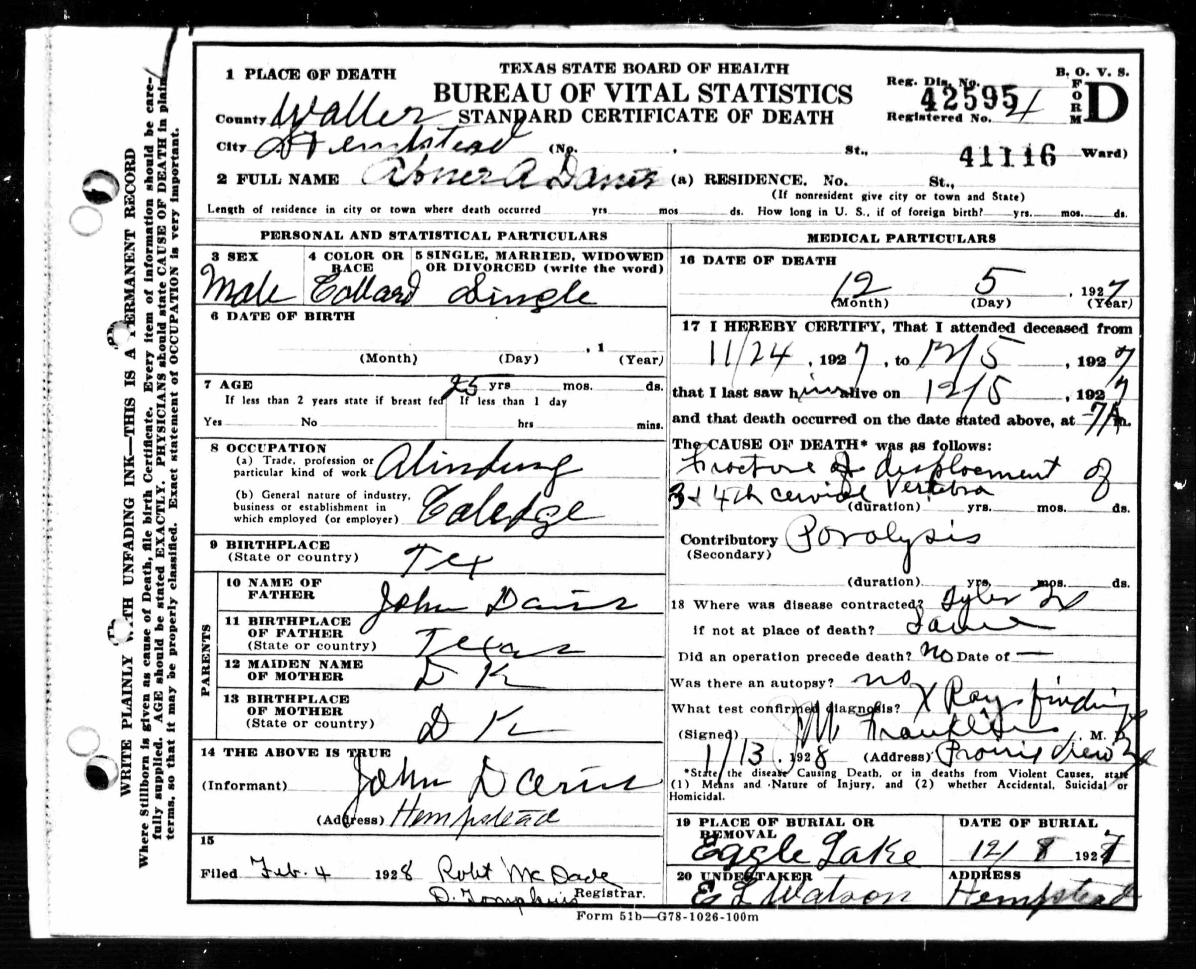 The death certificate of Abner Davis.