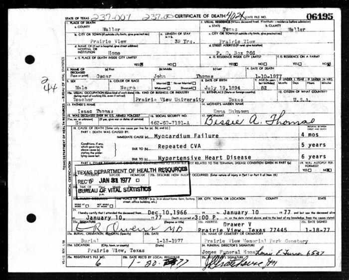 Oscar John Thomas passed away in 1977 at age 81.