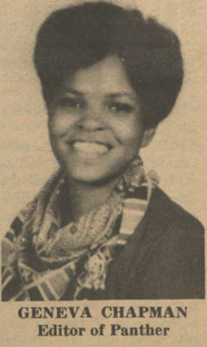Geneva Chapman, editor of the student newspaper, The Prairie View Panther, from 1968 - 1971