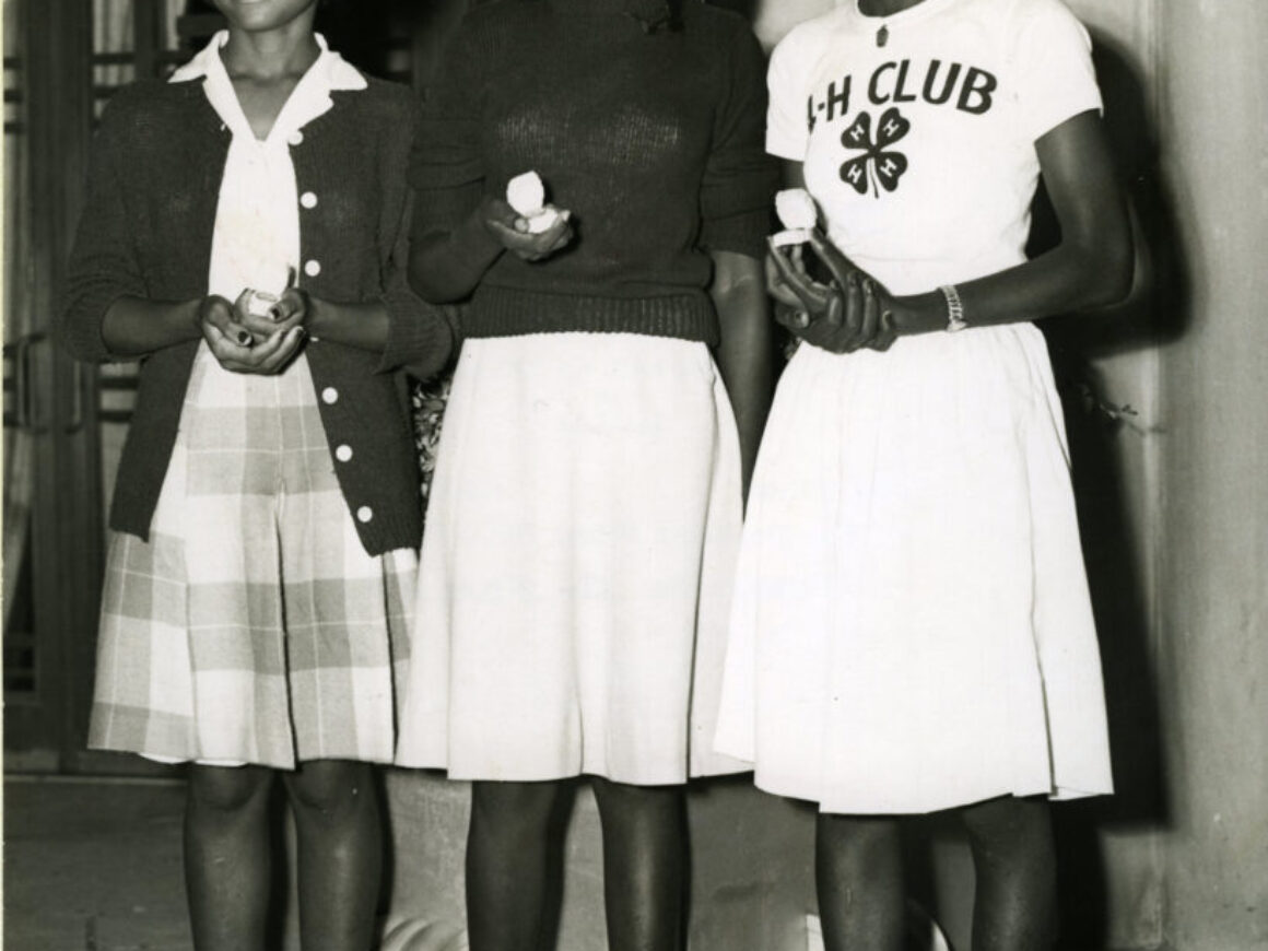 The Negro 4-H Club girls who received the State Fair of Texas Honor Awards at the Dallas Fair, October 13, 1947, are (reading from left to right) Willie Mae McDaniel, Jefferson County; Maxine Harris, Caldwell County; and Gladys Harrison, Smith County.; 7X9