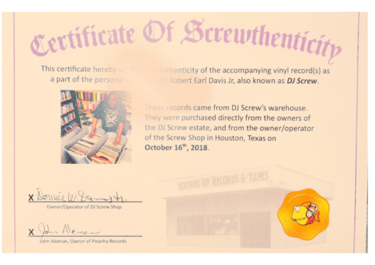 Certificate of Screwthenticity awarded to Earl Davis Jr (DJ Screw)