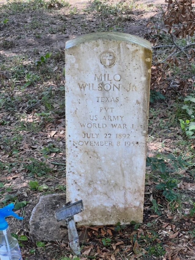 The headstone of Milo Wilson Jr. after the initial cleaning with D2 biological solution [Photo © T. DeWayne Moore, 2023]