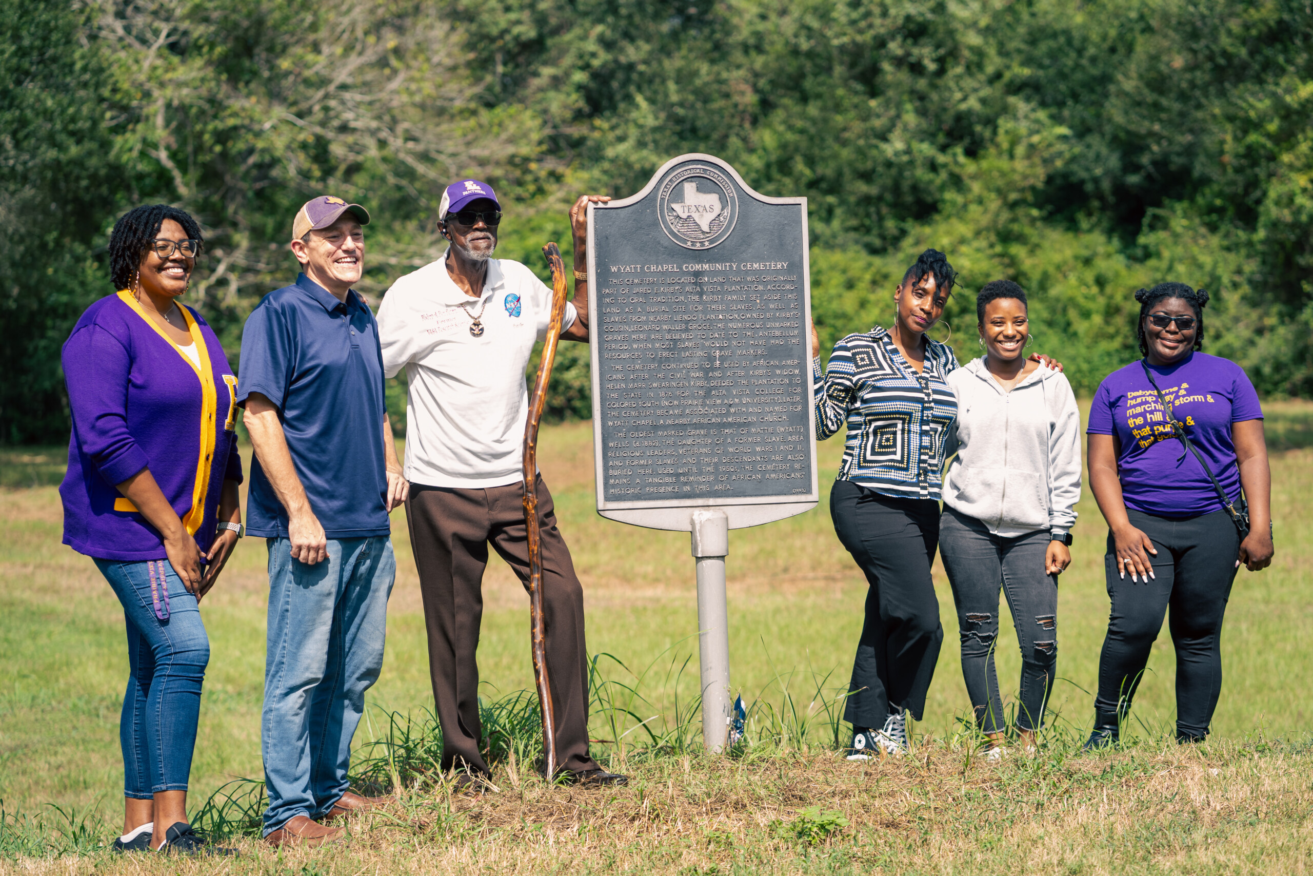 PVAMU graduate student Evelyn Todd, PVAMU Assistant Professor of History Dr. DeWayne Moore, descendant partner Bishop Pendleton, Descendant Committee Chairperson Pamela Morgan, PVAMU architecture major Zynitra Durham, and PVAMU undergraduate Kalayah Jammer