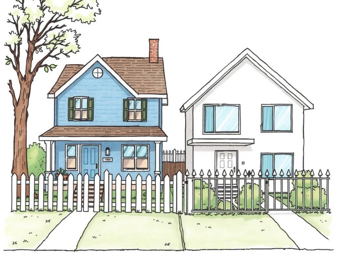 Two neighboring houses one a blue suburban house with a white picket fence next to A white modern house with Iron metal bars topped with spikes