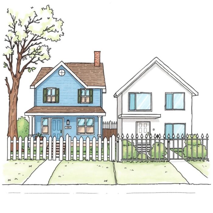 Two neighboring houses one a blue suburban house with a white picket fence next to A white modern house with Iron metal bars topped with spikes