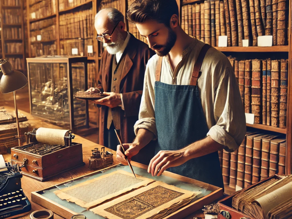 Two men standing in a library preserving an old document