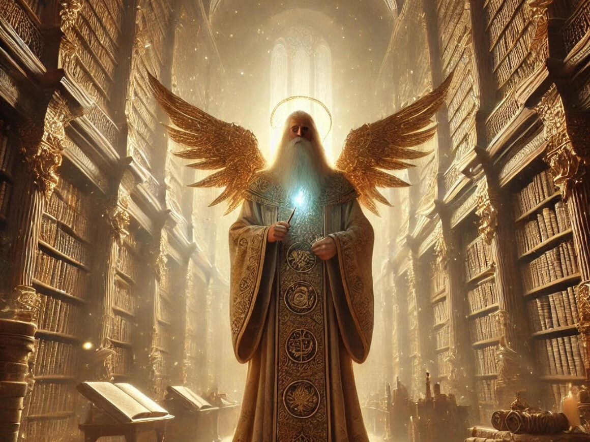 An older man with wings holding a crystal ball in a library