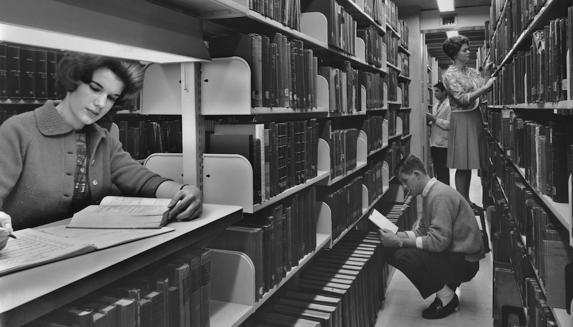 University of Pennsylvania students locate books on the stacks at the new Charles Patterson Van Pelt Library in 1962.