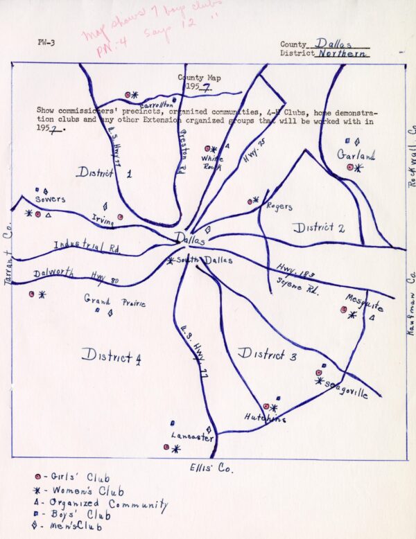 Hand drawn map of African American communities in 1957 Dallas County [PVAMU Archives, Texas Black CE&HD Collection, Dallas County, Box 3, Folder11]