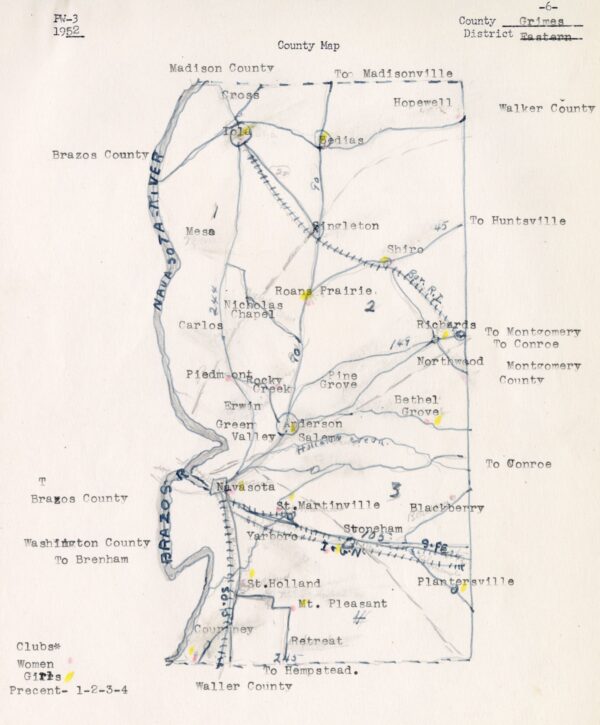 Hand drawn map of African American communities in 1950s Grimes County [PVAMU Archives, Texas Black CE&HD Collection, Grimes County, Box 3, Folder 10]