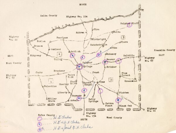 Hand drawn and typed map of African American communities in 1952 Hopkins County [PVAMU Archives, Texas Black CE&HD Collection, Hopkins County, Box 4, Folder 13]