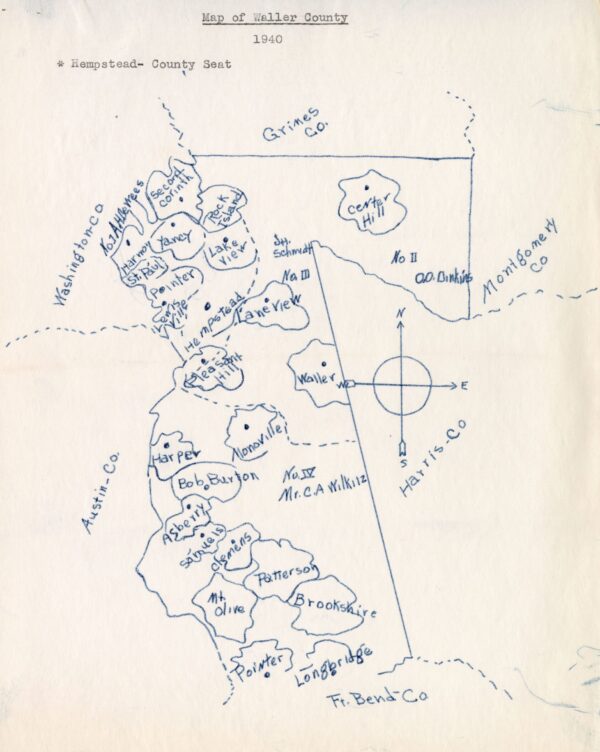 Hand drawn map of African American communities in 1940 Waller County [PVAMU Archives, Texas Black CE&HD Collection, Waller County, Box 3, Folder 2]