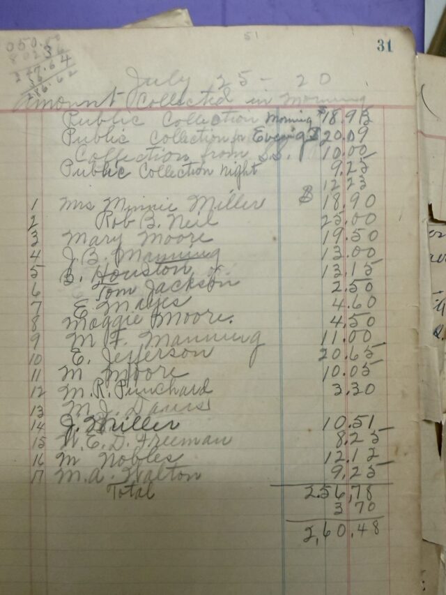 This handwritten financial ledger captures a meticulous snapshot of community contributions gathered on a single day in July 1920.